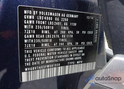 2015 Volkswagen Tiguan Se from USA, damaged, VIN WVGBV7AX3FW561938